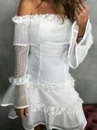 Choies White Off Shoulder Ruffle Hem Flare Sleeve Chic Women Lace Mini Dress