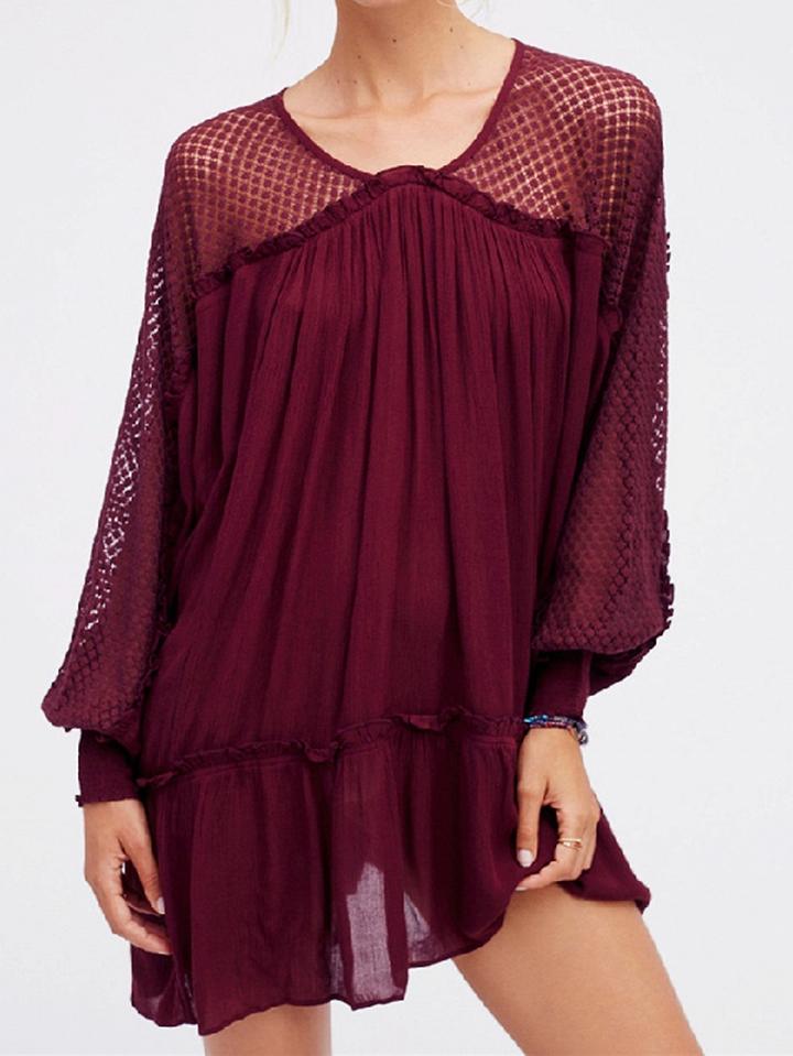 Choies Burgundy Frill Trim Batwing Sleeve Chic Women Mini Dress