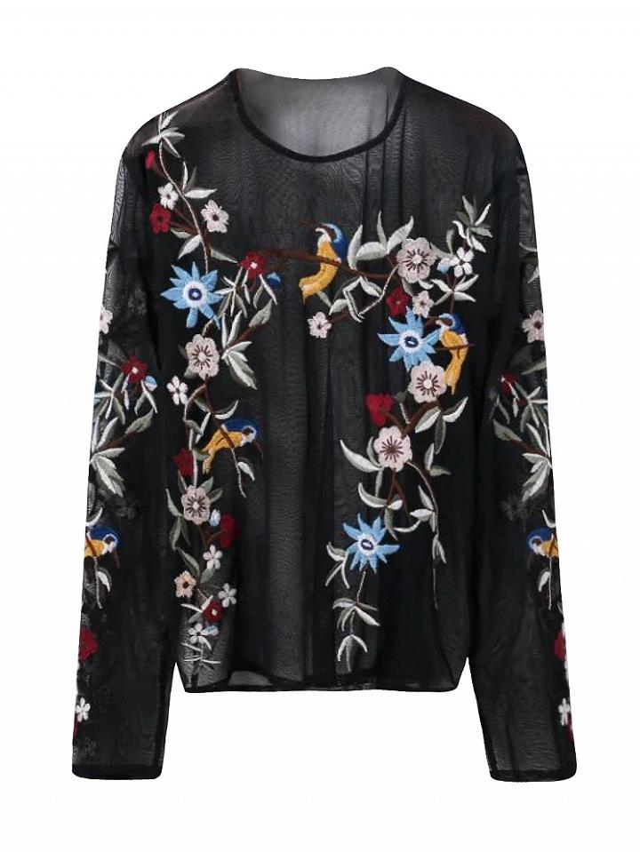 Choies Black Embroidered Floral Mesh Long Sleeve Top
