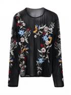 Choies Black Embroidered Floral Mesh Long Sleeve Top