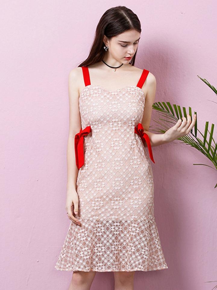Choies Nude Contrast Bow Tie Side Lace Panel Shoulder Strap Dress