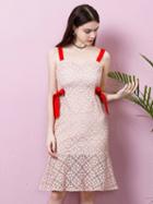 Choies Nude Contrast Bow Tie Side Lace Panel Shoulder Strap Dress