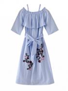 Choies Blue Off Shoulder Ruffle Pinstripe Embroidery Midi Dress