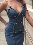 Choies Blue Plunge Chain Shoulder Chic Women Denim Bodycon Cami Mini Dress