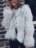 Choies Gray Collarless Open Front Fluffy Faux Fur Coat