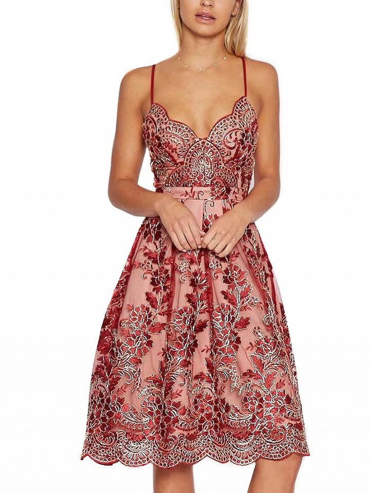 Choies Red V-neck Embroidery Scalloped Hem Lace Overly Slim Strap Dress