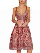 Choies Red V-neck Embroidery Scalloped Hem Lace Overly Slim Strap Dress