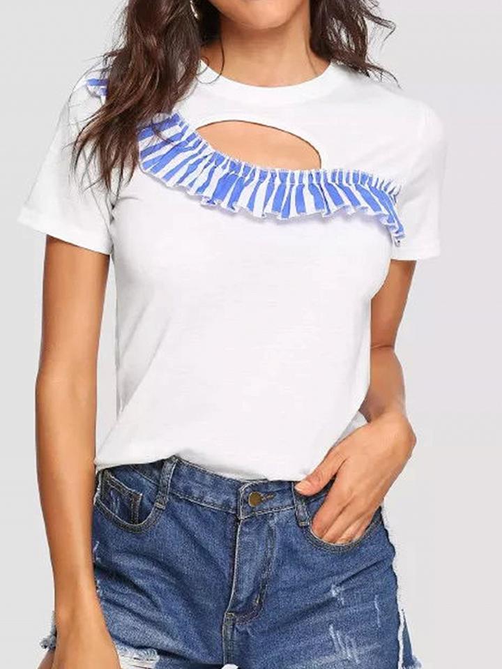 Choies White Cotton Stripe Trim Panel Cut Out Detail Chic Women T-shirt