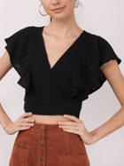 Choies Black Wrap V Neck Ruffle Sleeve Tied Top