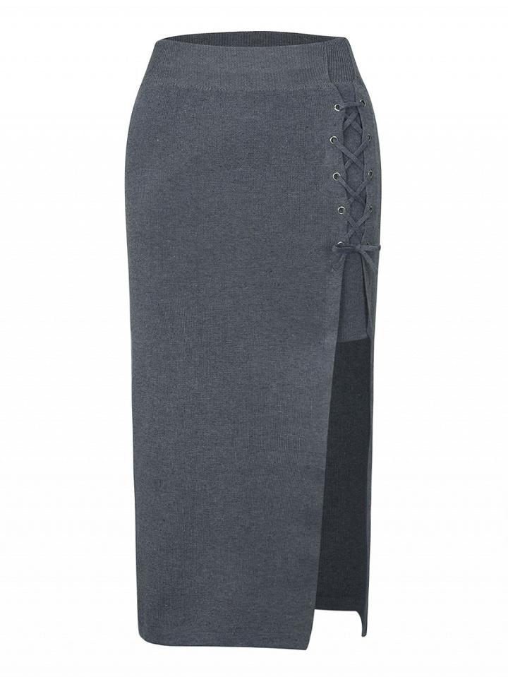 Choies Gray Lace Up Asymmetric Knit Pencil Skirt