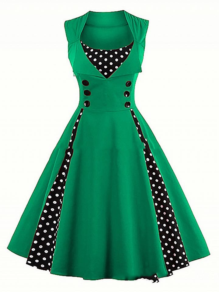 Choies Green Polka Dot Print Panel Sleeveless Chic Women A-line Mini Dress
