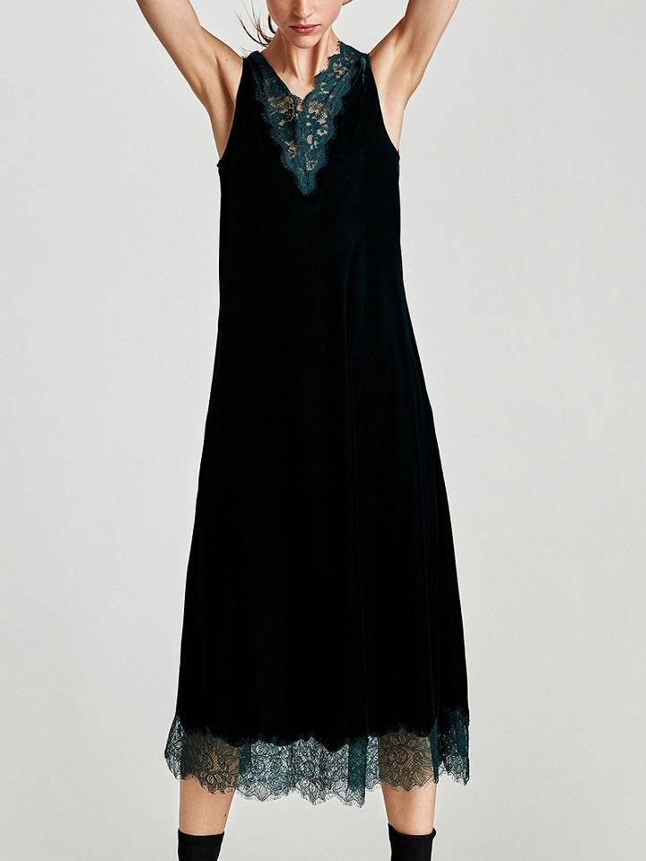 Choies Green Velvet V-neck Lace Panel Midi Dress
