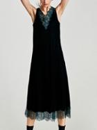 Choies Green Velvet V-neck Lace Panel Midi Dress