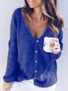 Choies Blue V-neck Button Placket Front Long Sleeve Knit Cardigan