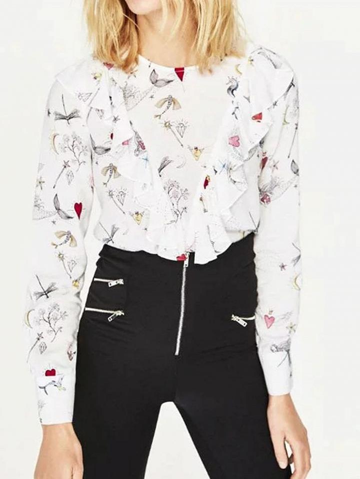 Choies White Mermaid Print Ruffle Detail Long Sleeve Blouse