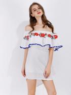 Choies White Off Shoulder Embroidery Ruffle Prom Pom Dipped Hem Mini Dress