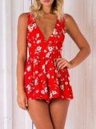 Choies Red Floral Double V-neck Sleeveless Romper Playsuit
