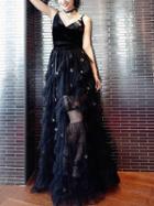 Choies Black Velvet Spaghetti Strap Mesh Panel Sequin Detail Maxi Dress