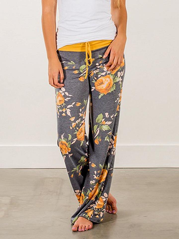 Choies Yellow Floral Print Drawstring Waist Wide Leg Pants