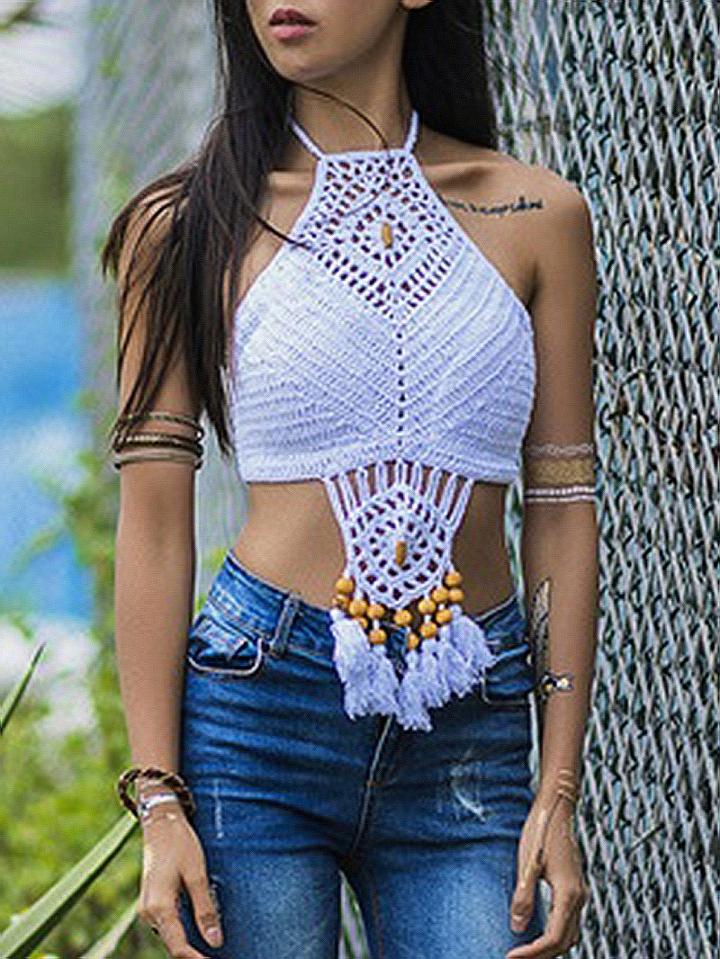 Choies White Halter Tassel Trim Open Back Tank