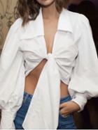 Choies White Cotton V-neck Tie Front Puff Sleeve Chic Women Crop Blouse