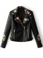 Choies Black Lapel Embroidery Floral Detail Leather Look Biker Jacket