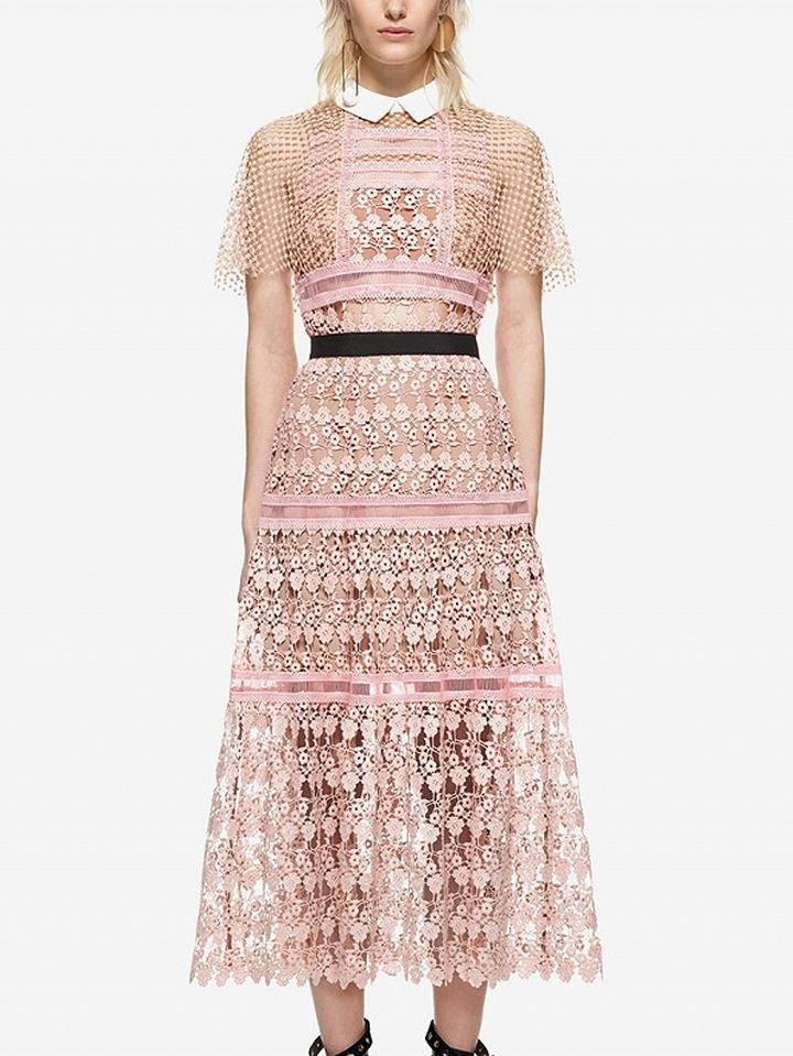 Choies Pink Contrast Collar Mesh Cape Sheer Trim Lace Midi Dress