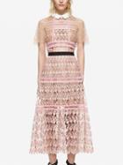 Choies Pink Contrast Collar Mesh Cape Sheer Trim Lace Midi Dress