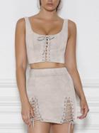 Choies Beige Faux Suede Lace Up Crop Tank Top And Mini Pencil Skirt