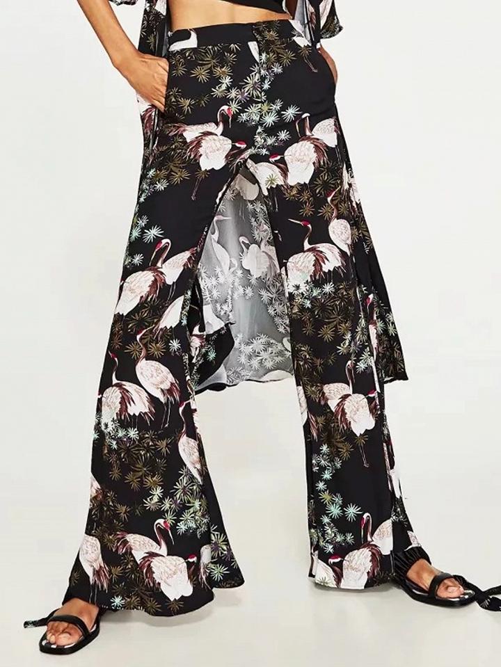 Choies Polychrome Crane Print High Waist Wide Leg Palazzo Pants