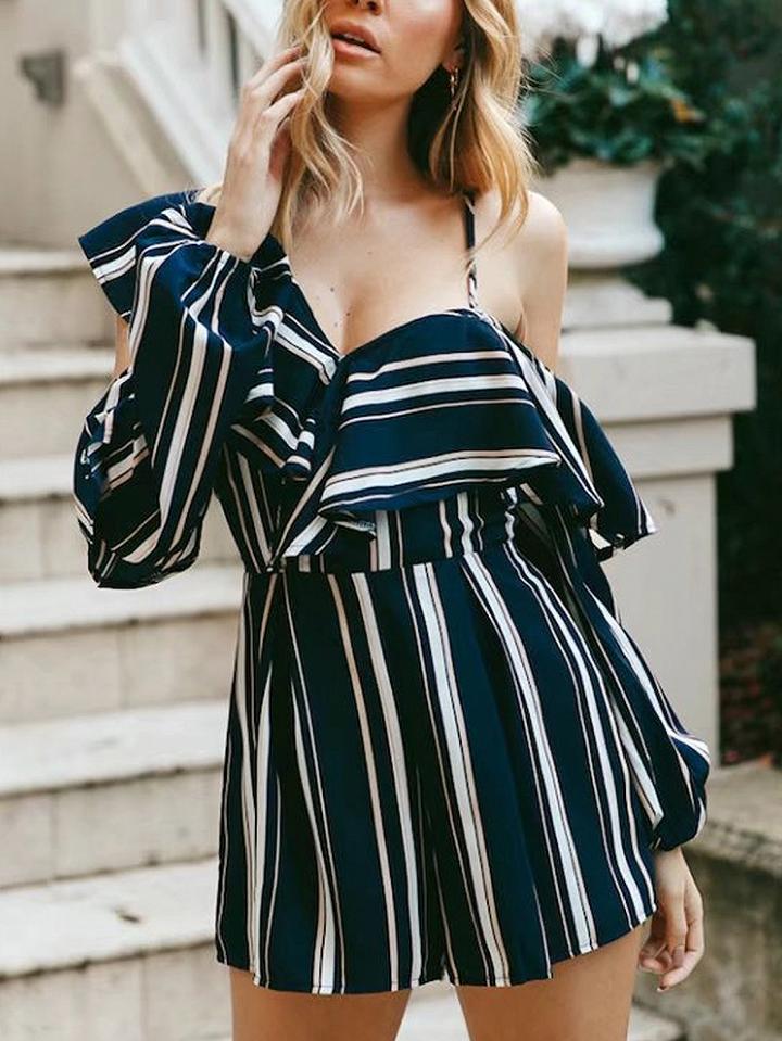 Choies Navy Stripe One Shoulder Ruffle Detail Cut Out Romper Playsuit