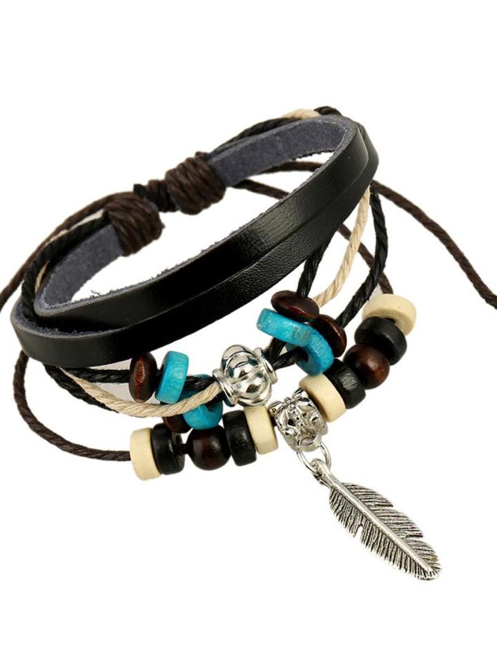 Choies Multicolor Leaf Pendant Leather Bracelet Pack
