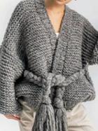Choies Gray Open Front Tassel Ribbon Waist Puff Sleeve Knit Cardigan