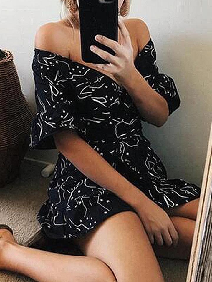 Choies Black V-neck Print Detail Tie Waist Flare Sleeve Mini Dress