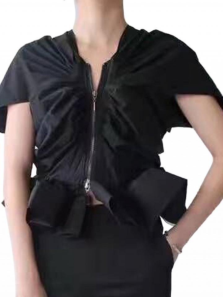 Choies Black Ruched Cape Sleeve Ruffle Hem Zip Front Top