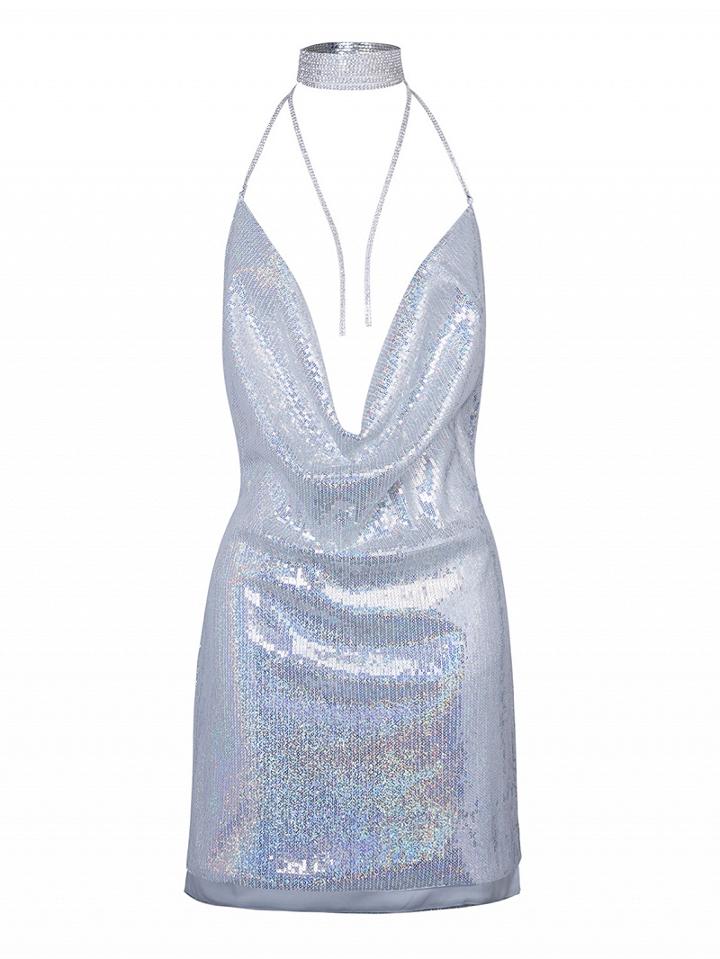 Choies Silver Cowl Front Open Back Split Side Sequined Bodycon Dress