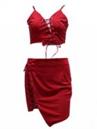 Choies Red V-neck Lace Up Detail Crop Top And High Waist Mini Skirt
