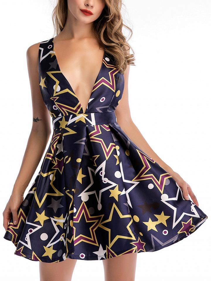 Choies Dark Blue Plunge Geo Pattern Print A-line Mini Dress