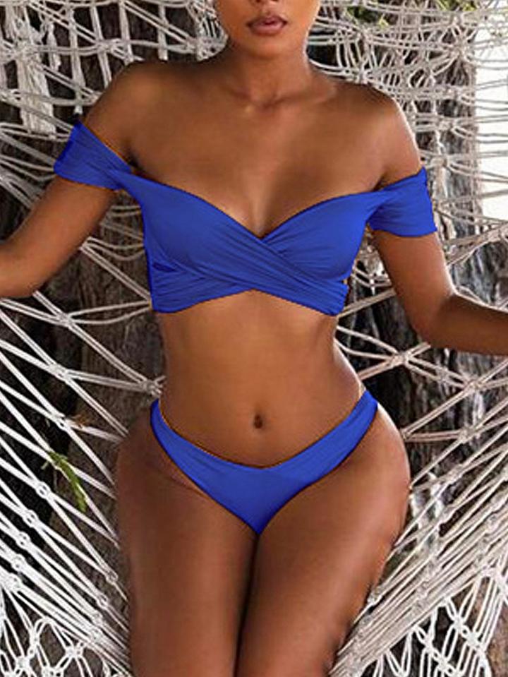 Choies Blue Cross Wrap Ruched Bikini Top And Bottom