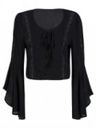 Choies Black Lace Up Front Cut Out Insert Flare Sleeve Crop Blouse