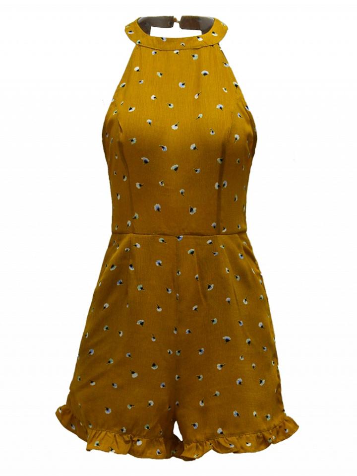 Choies Yellow Halter Floral Cut Away Backless Ruffle Hem Romper Playsuit