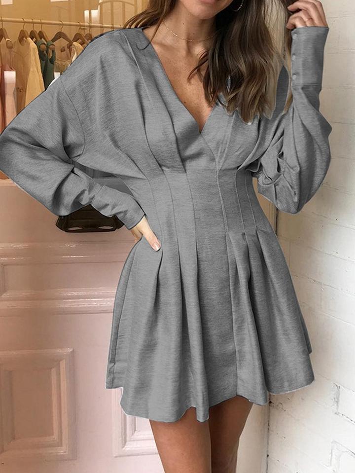 Choies Gray Cotton Blend V-neck Ruched Detail Batwing Sleeve Mini Dress