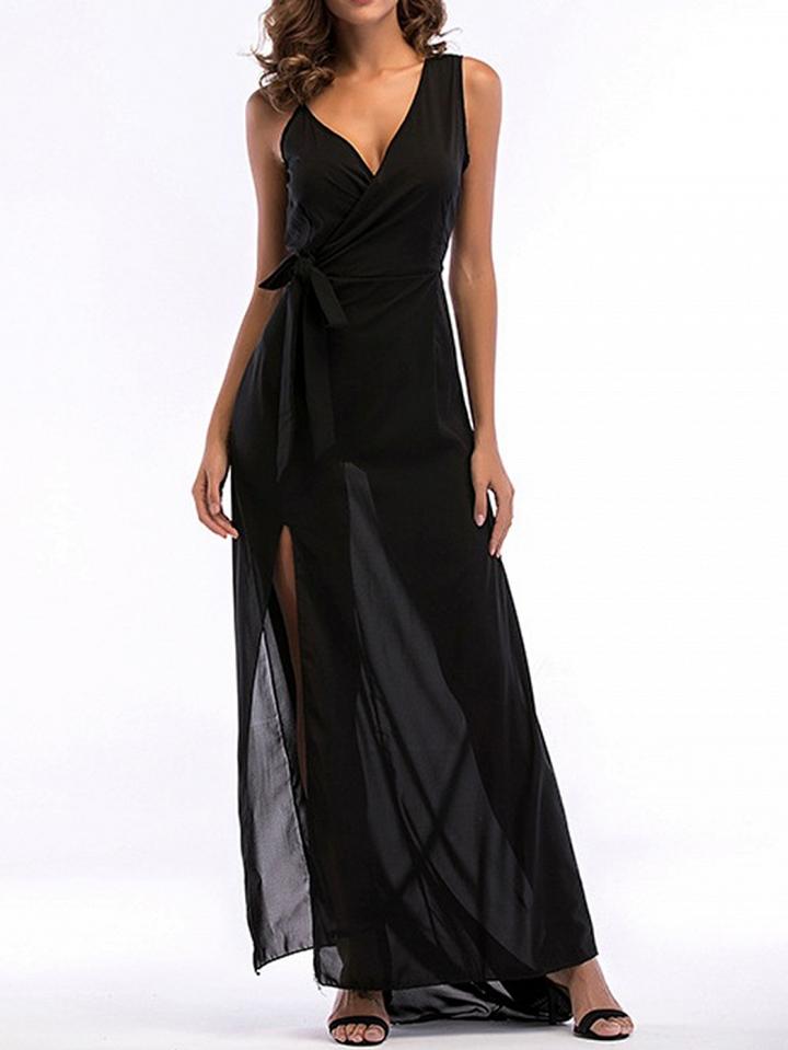 Choies Black Plunge Tie Waist Thigh Split Side Hi-lo Maxi Dress