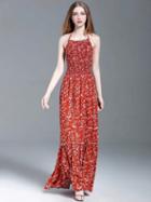 Choies Red Floral Halter Lattice Lace Up Back Maxi Dress