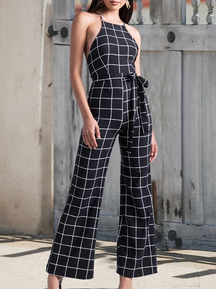 Choies Blue Plaid Spaghetti Strap Tie Waist Open Back Chic Women Jumpsuit