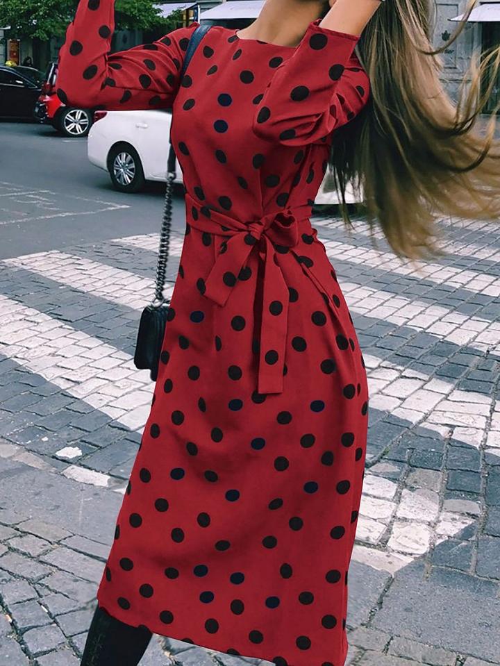 Choies Burgundy Polka Dot Print Tie Waist Long Sleeve Women Midi Dress