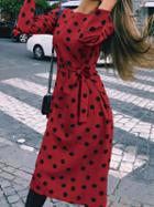 Choies Burgundy Polka Dot Print Tie Waist Long Sleeve Women Midi Dress