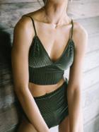 Choies Green Velvet V-neck Women Bikini Top And High Waist Bottom