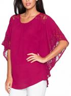 Choies Hot Pink Crew Neck Lace Panel Batwing Sleeve Blouse