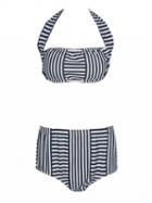 Choies Monochrome Plus Size Stripe Print Halter Bikini Top And Bottom